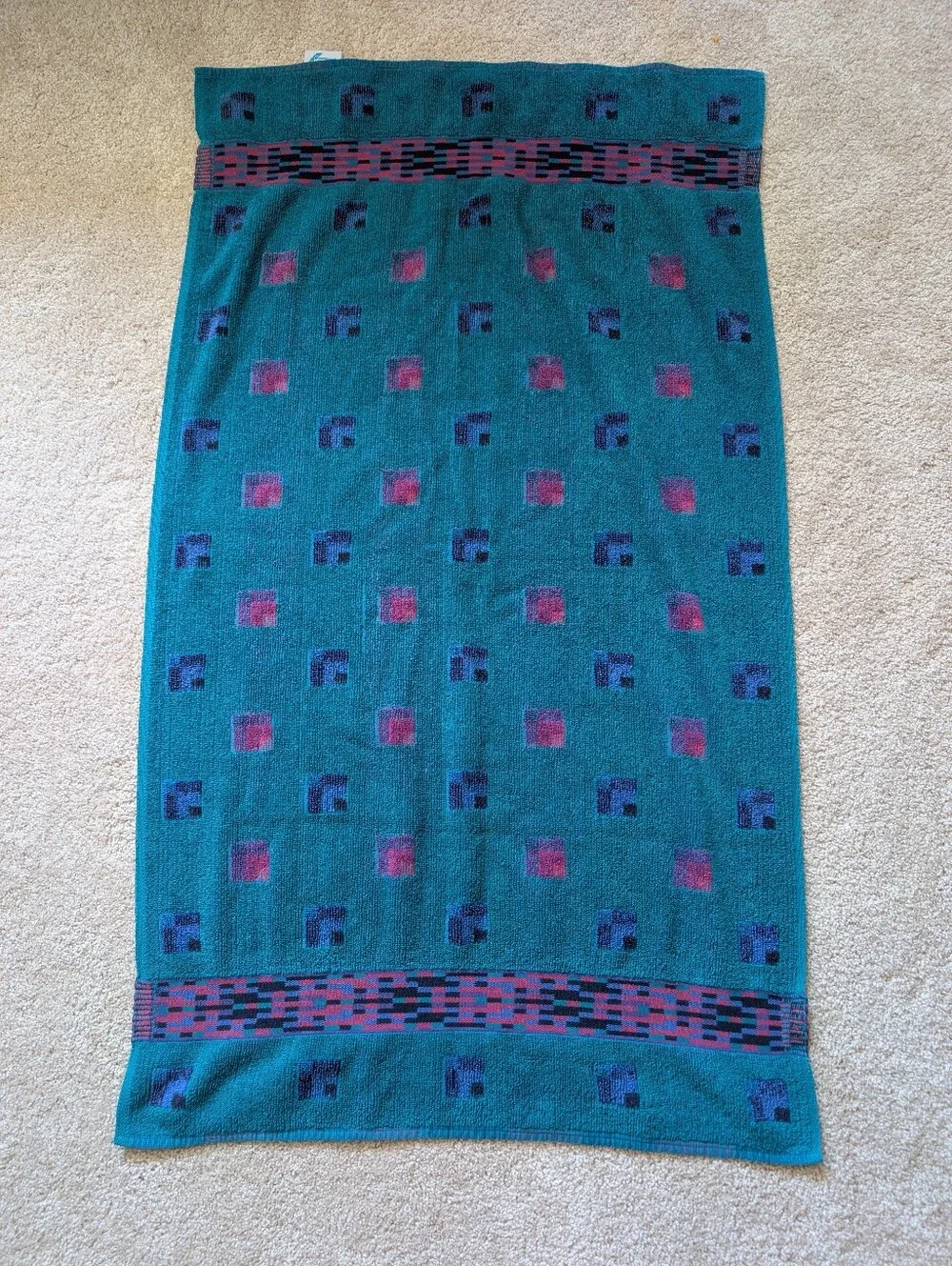 Vintage Fieldcrest Teal Green Purple Aztec Southwestern Cotton Bath Towel